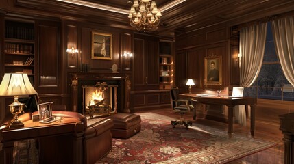 Executive palace study with rich wood paneling and a cozy fireplace.