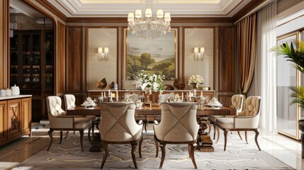 Fototapeta na wymiar 3D rendering of elegant dining room with wooden table and stylish chairs