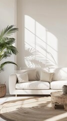 Minimalist living room with soft sunlight and green plant details. Neutral-toned sofa with shadow play.