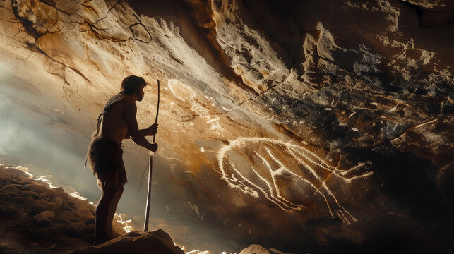 Primeval Caveman Wearing Animal Skin Drawing on the Walls at Night. Cave Art with Petroglyphs, Rock Paintings.