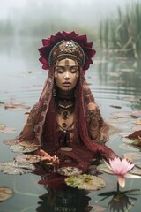 Obraz premium Wunderschöne Frau, traditionelle Kleidung, praktiziert Yoga-Pose in Ufernähe, inmitten von wunderschönen Lotus- und Wasserpflanzen, Stimmung der Achtsamkeit, Meditation und Entspannung des Geistes.