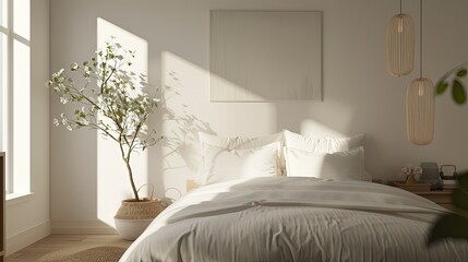 3D rendering of minimalist bedroom with neutral decor and soft lighting