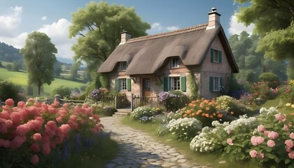 Fototapeta na wymiar charming countryside cottage surrounded by bloomi upscaled 4