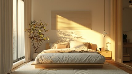 3D rendering of minimalist bedroom with neutral decor and soft lighting