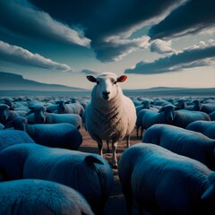 white sheep among blue sheeps