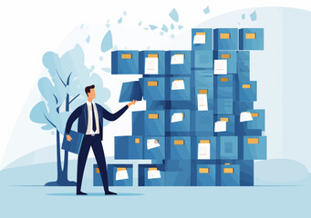 Naklejka premium Young Male Professional Organizing Files into Archive Folders - Document Management, Data Indexing Administration Workflow Concept