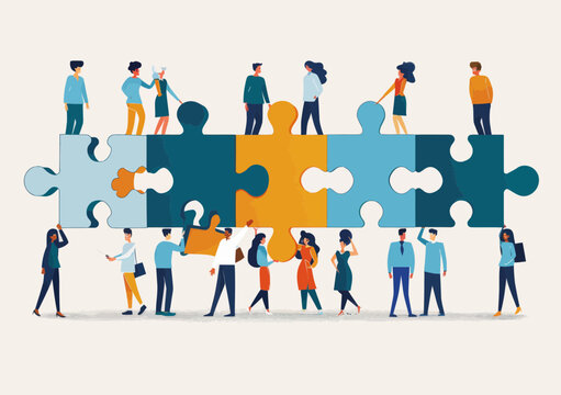 Jigsaw puzzle teamwork success - business colleagues connect pieces, solving problems through collaboration and cooperation for shared goals