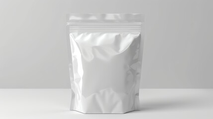 Single white pouch package in portrait orientation on a light background.