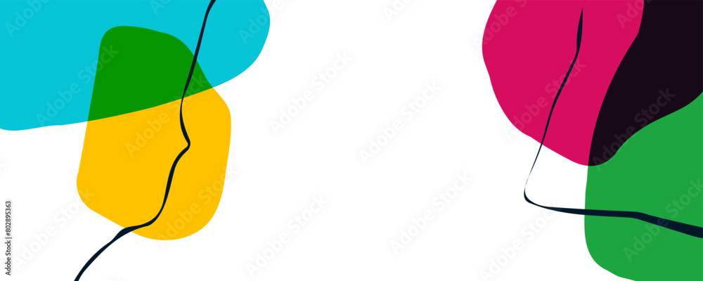 Poster abstract background with various curved bright colored shapes and black bent lines for creative grap