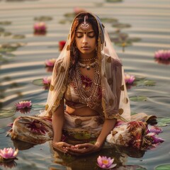 Wunderschöne Frau, traditionelle Kleidung, praktiziert Yoga-Pose in Ufernähe, inmitten von wunderschönen Lotus- und Wasserpflanzen, Stimmung der Achtsamkeit, Meditation und Entspannung des Geistes. - obrazy, fototapety, plakaty