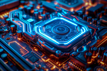 Illuminated microchip on motherboard with futuristic blue lighting. High technology and computing concept ,generative ai