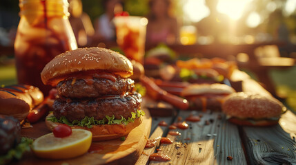 Summer barbecue feast with juicy burgers