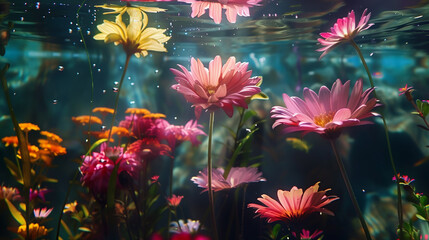 Abstract floral aesthetic background. Colourful flowers under the glass with water Beautiful flowers and petals.