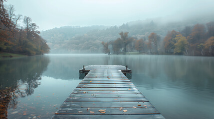 Wooden Pier Extend Into A Calm Blue With Green Hue Coloured Lake. Mountain Surrounded The Lake Giving A Beautiful Nature View