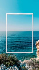Vertical white frame mock-up on ocean view
