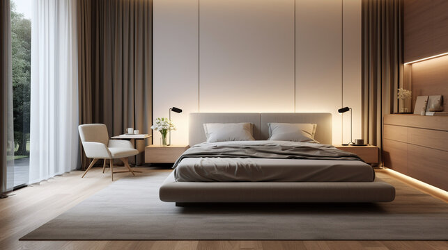 An uncluttered modern bedroom with minimalist furniture, soft lighting, and a peaceful ambiance, ideal for restful sleep.