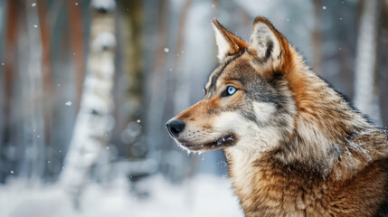Naklejka premium A portrait of a brown and grey wolf with bright blue eyes