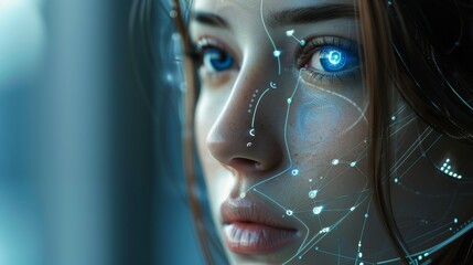 Female with futuristic digital facial interface and bright blue eyes. Science fiction and technology concept