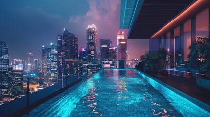 High-rise apartment building rooftop pool.