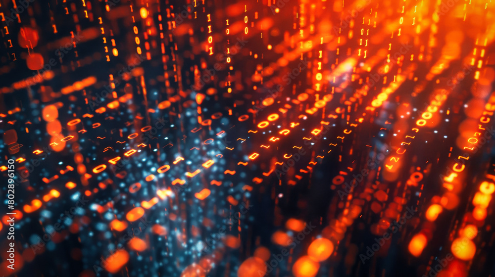 Poster glowing data binary code background with digital particles and orange lights