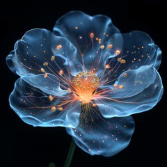 AI generated illustration of a delicate flower with glowing dotted petals on a dark background