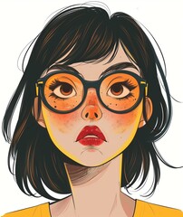 Stylish Woman with Glasses Portrait Illustration, Trendy Female Character Artwork - obrazy, fototapety, plakaty