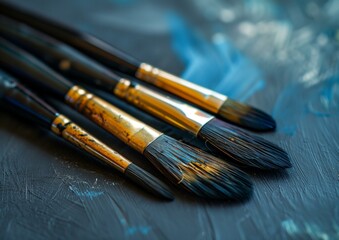 Obraz premium Close-up of Artist Brushes on Textured Dark Background with Paint Strokes