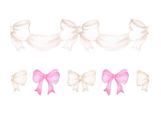Set of borders with bows isolated on a white background. Watercolor bows in white and pink colors. Cute horizontal tape for scotch tape, scrapbooking, textile tape. Design of congratulations, postcard