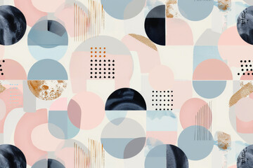 Stylish modern art with a mix of geometric shapes and pastel tones adorned with gold details