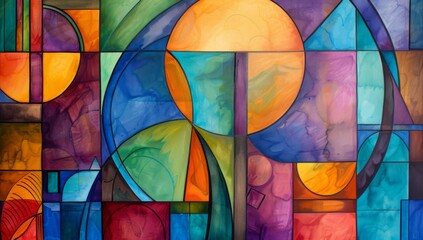 Abstract painting of an art deco window with colorful shapes and lines