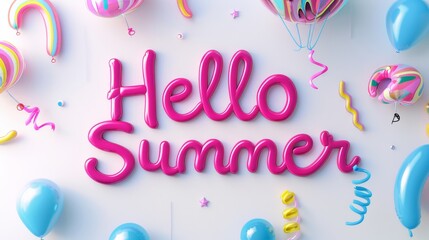 Colorful 3D text "Hello Summer" on white background, beautiful calligraphy lettering