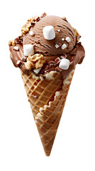 Rocky Road Chocolate Marshmallow Nut Ice Cream on Waffle Cone Transparent Background 