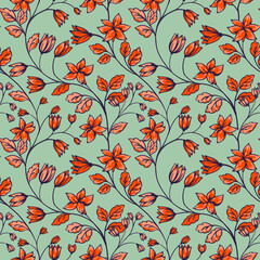 Summer orange wild floral stems intertwined in seamless pattern. Vector hand drawn. Abstract artistic branches with tiny ditsy flowers and leaves, buds printing on a green background. 