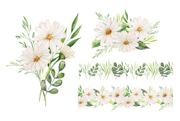 Watercolor set of compositions with daisies and borders with flowers and greenery. Botanical illustration for holiday design and decoration. bouquets of daisies with plants. Summer and spring flowers