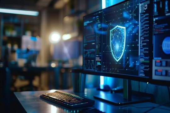 Anti-malware solutions and security padlocks protect digital networks, thwarting threats and securing data.