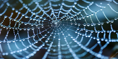 Closeup of a spiders intricate web Spider web on blue blurred background


