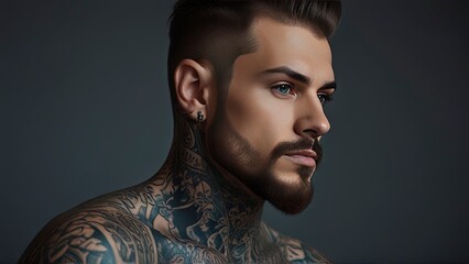 Photo of tattooed handsome man in creative design tattoo picture made with generative ai - obrazy, fototapety, plakaty