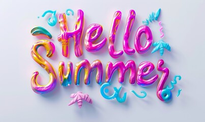 Colorful 3D text "Hello Summer" on white background, beautiful calligraphy lettering