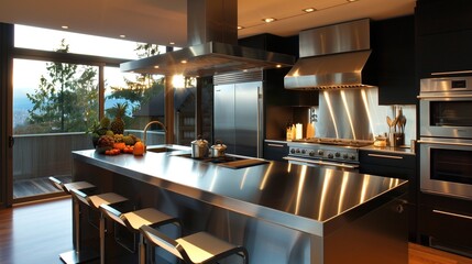 Modern kitchen with sleek countertops and stainless steel appliances.