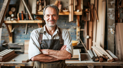 A portrait of smiling male carpenter standing in front of his woodwork workshop