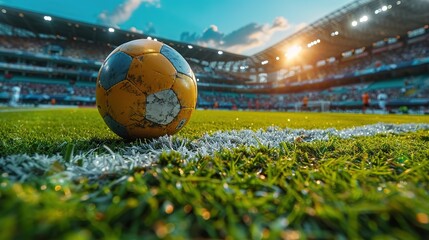 Aesthetic Shot Of Athletic Hispanic Footballer Shooting A Penalty Kick On Stadium With Crowd Cheering. Player Scoring a Goal At International Soccer Championship Final Match With Fans On Tribune
