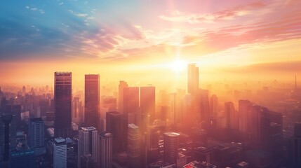 Modern skyscraper skyline at sunset.