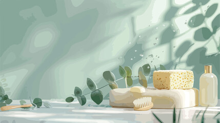 Bath sponge massage soap bar and eucalyptus branch 