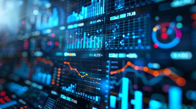 Close-up view of digital screens displaying dynamic financial data analysis graphs and metrics - Powered by Adobe