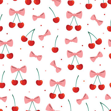 Coquette pink bows and cherries - seamless pattern design