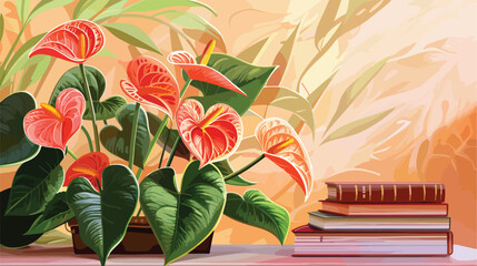 Beautiful anthurium flowers and books on fabric background