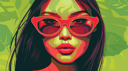 Beautiful Asian woman in stylish sunglasses on green