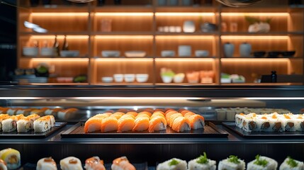 a sushi counter with a selection of sushi pieces, each beautifully lit and centered in a clean composition.