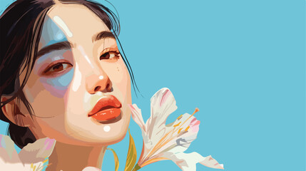 Beautiful Asian woman with flower on blue background