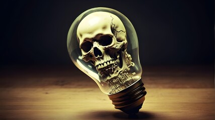 a skeleton head with a light bulb that says skeleton on it. - obrazy, fototapety, plakaty